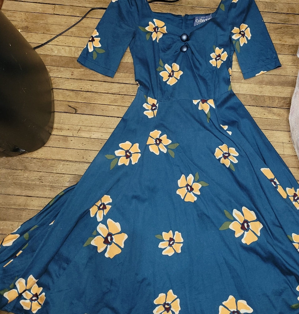 Collectif Vintage Blue Dress with Yellow Floral Accents